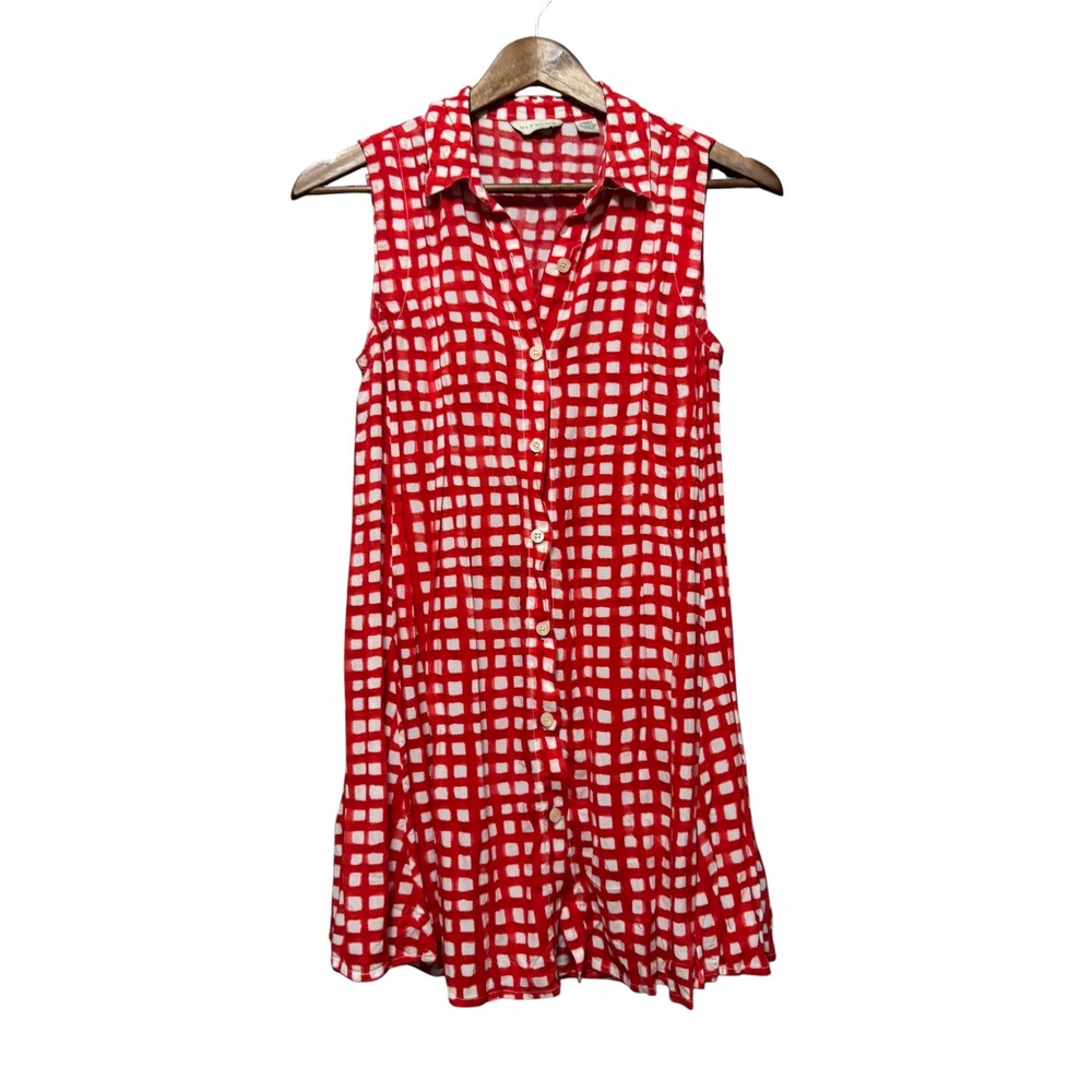 11.1 Tylho Shirt Dress Womens XS Red White Grid Sleeveless Rayon Excellent
